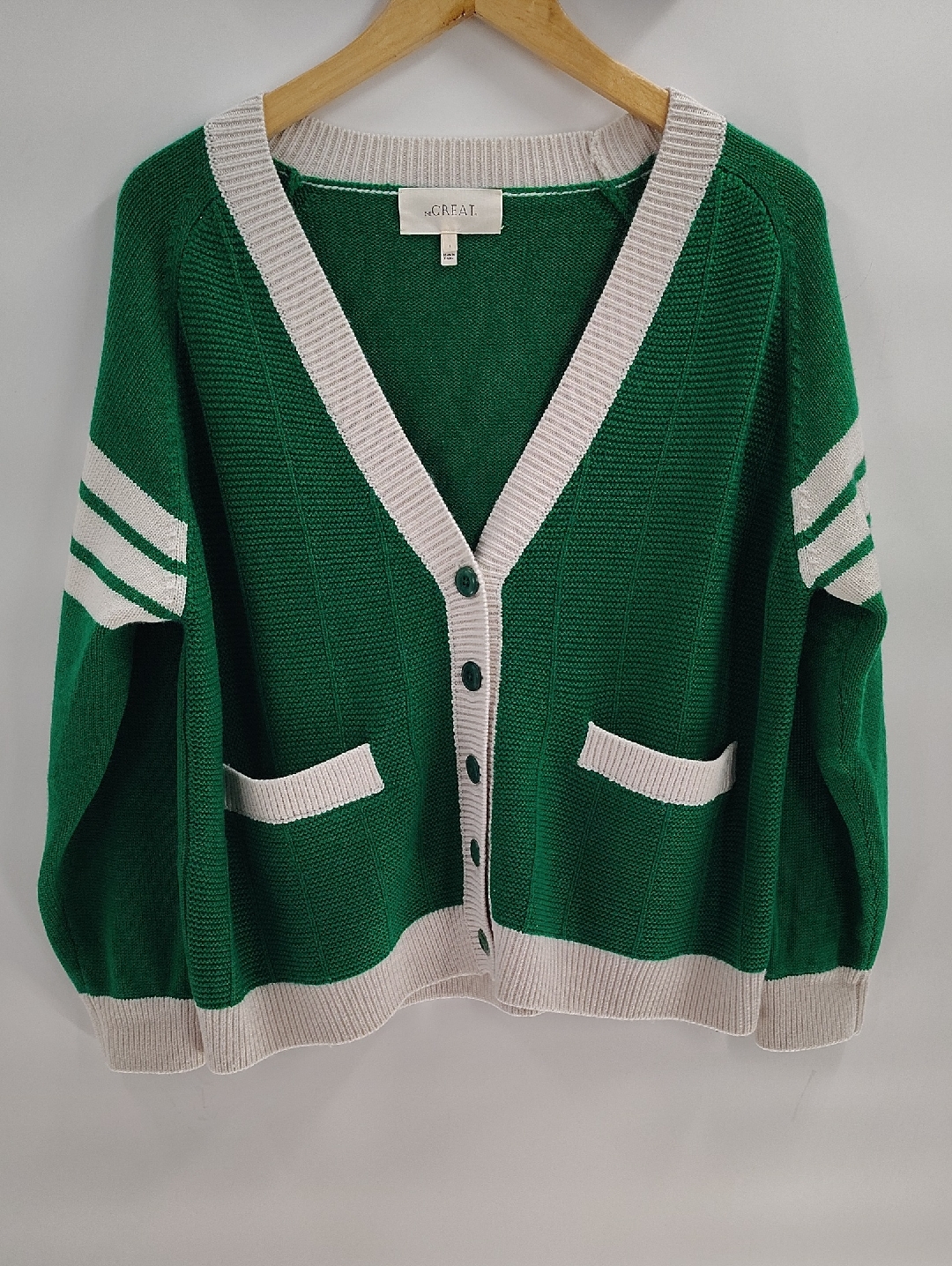 The Great. Woollen Varsity Cardigan Green Size Small (1)